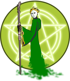 Zauberin in grün mit langem Zauberstab vor einem helleren grünen Hintergrund mit leuchtendem Pentagramm 